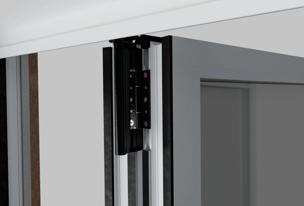Black top running Debar guide, within the grooves of a bifold door with a pull handle